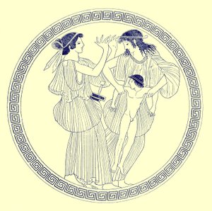 Prokne, Philomela og Itys, illustration fra græske vasemalerier af J. E. Harrison og D. S. MacColl, udgivet 1894 (digitalt forbedret billede)