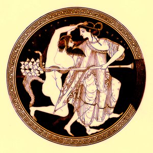 Satyr og Maenad, illustration fra græske vasemalerier af J. E. Harrison og D. S. MacColl, udgivet 1894 (digitalt forbedret billede)