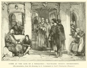 Scene ved porten til et kloster, rejsende søger forfriskning af after George Cattermole