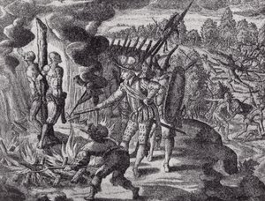 Spaniernes hævn for Ayolas død, fra Gottfrieds Historia Antipodum, pub. i 1655, fra The Romance of the River Plate, Vol. I, af W. H. Koebel, 1914