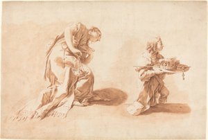 En knælende kvinde med et røgelsebrænder og en side med krone og scepter af after Giovanni Battista Pittoni the younger Anton Kern