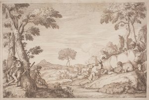 En pastoral rejse med en dreng, der spiller på sin fløjte ved et træ af after Giovanni Benedetto Castiglione Gaetano Zompini
