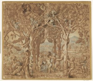 Putti høster vin og leger med en ged
