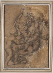 Den hellige familie med spædbarnet Johannes Døberen. Efter Giulio Romanos Madonna della Gatta