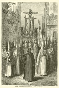 Cofrades (bødler), der ledsager en paso af Gustave after Dore