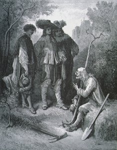 Illustration til Den gamle mand og de tre unge mænd, fra fabler af Jean de La Fontaine (1621-95) af Gustave after Dore