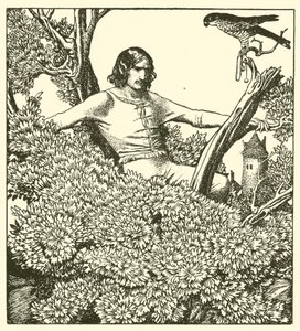 Sir Launcelot klatrer for at fange kvindefalken af after Howard Pyle