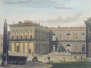 Indvendig gårdhave i Palazzo Pitti, Firenze, indgraveret af Johann Falkeisen (1804-83) og farvelagt af L. Cherbuin, ca. 1842 (akvatint) af after Italian School