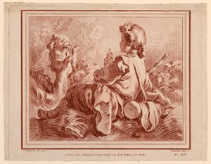 Siddende hyrde leger med en hund