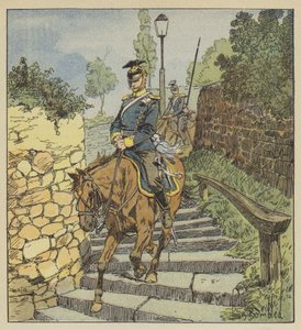 I Chateaudun stiger to forfulgte uhlanere ned på hesteryg stentrappen på 200 trin af after Louis Charles Bombled
