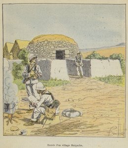 Indgang til en madagaskisk landsby af after Louis Charles Bombled