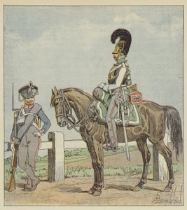 Preussisk linjeinfanteri (42. reg) og preussisk kurassier (1806) af after Louis Charles Bombled