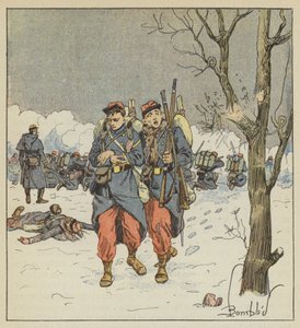Fourrieren Delorme, såret, trækker sig tilbage under kuglerne af after Louis Charles Bombled