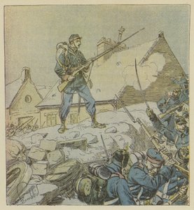 Sergent Pitou, mens han uforfærdet stiger på barrikaden i Courceboeufs, beslutter sig for at indtage landsbyen af after Louis Charles Bombled