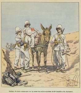 Træn soldater, der samler de udmattede soldater fra 40. Jægerbataljon op på vejen af after Louis Charles Bombled