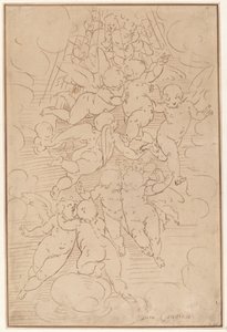 En gruppe engle i herlighed af after Luca Cambiaso Italian 17th Century