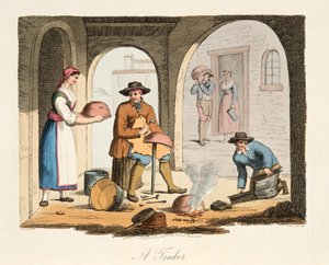 A Travelling Tinker, fra Italian Scenery, der repræsenterer manerer, skikke og forlystelser i de forskellige stater i Italien, pub. 1806 (håndfarvet gravering)
