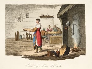 Interiør af et hus i Fondi, fra italiensk sceneri, der repræsenterer manerer, skikke og forlystelser i de forskellige stater i Italien, pub. 1806 (håndfarvet gravering)