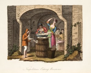 Napolitanere spiser makaroni, fra italiensk landskab, der repræsenterer manerer, skikke og forlystelser i de forskellige stater i Italien, pub. 1806 (håndfarvet gravering)