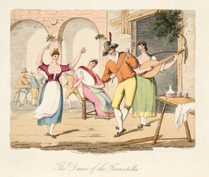 The Dance of the Tarantella, fra Italian Scenery, der repræsenterer manerer, skikke og forlystelser i de forskellige stater i Italien, pub. 1806 (håndfarvet gravering)