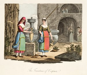 The Fountain of Capua, fra Italian Scenery, der repræsenterer manerer, skikke og forlystelser i de forskellige stater i Italien, pub. 1806 (håndfarvet gravering)