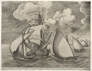 Sejlfartøjer: En flåde af galejer eskorteret af en karavel af after Pieter Bruegel