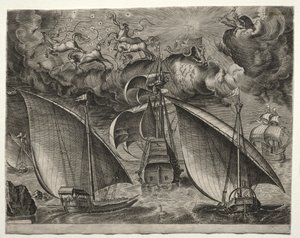 Sejlfartøjer: To galejer, der sejler bag en bevæbnet tre-mester med Phaeton og Jupiter i himlen af after Pieter Bruegel