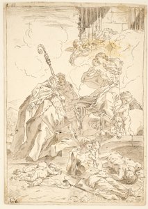 Madonnaen og barnet viser sig for to mandlige helgener under et pestudbrud af after Pietro Testa