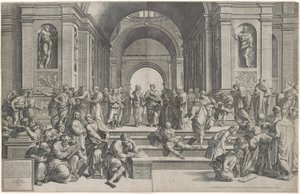 Skolen i Athen. Pub. 1550 af after Raphael