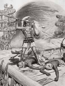 Alexander den Store kæmpede mod Assacani ved den befæstede by Massaga, Indien under hans indiske kampagne i 326BC, fra Hutchinsons History of the Nations, pub.1915