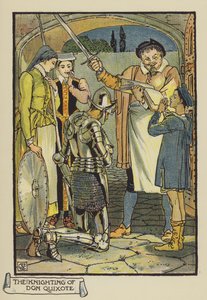 Don Quijotes ridderslagning af after Walter Crane