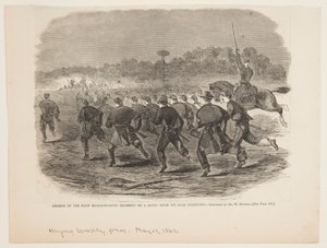 Anklager for det første Massachusetts regiment på en oprørsriffelgrav nær Yorktown af Winslow Homer