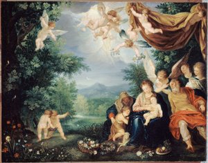 Fransk: Le Repos de la Sainte Famille pendant la fuite en Égypte (Den hellige familie i hvile under flugten til Egypten) af anonymous 