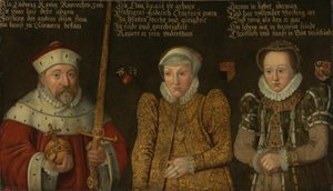 Tysk: Portræt af kurfyrst Frederik III af Pfalz (1515-1576) med sine hustruer Maria von Brandenburg-Kulmbach og Amalia von Neuenar af anonymous 