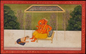 "Indra tilbeder den elefanthovedede gud Ganesha, der sidder på en trone." Folio fra Tehri Garhwal-serien af Gita Govinda