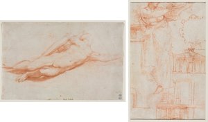 Studie af en falden soldat (muligvis Sauls omvendelse) (recto); En draperet kvindefigur (muligvis en Amazon) og arkitektoniske studier (verso) af attributed to Correggio