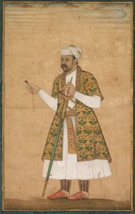 En hofmand, muligvis Khan Alam, der holder en spinel og et Deccan-sværd af attributed to Govardhan