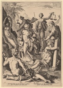 De syv dyder af attributed to Jacob Matham, after Hendrik Goltzius