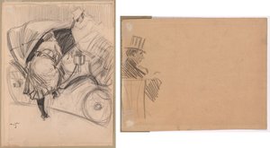 Kvinde på vej ind i en fiacre (recto); Højre profil af mand iført høj hat (verso) af attributed to Jean Louis Forain