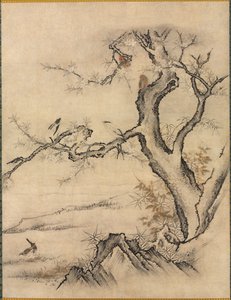 Blomster og fugle i et forårslandskab af attributed to Kano Motonobu