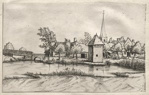 Udsigt over landsbyer i Brabant og Campine: A Moated Village af attributed to Master of the Small Landscapes