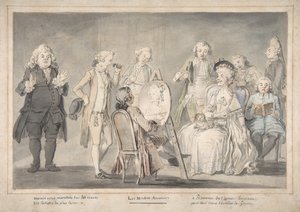 Satirisk tegning: Kunstner maler en gammel dames portræt, 1729-1804. af attributed to Pietro Antonio Novelli.