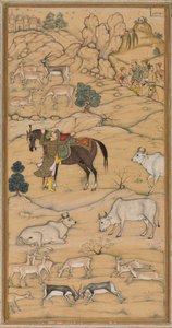 Akbar sætter op på sin hest; side fra Chester Beatty Akbar Nama (Akbars historie) af attributed to Sur Das Gujarati