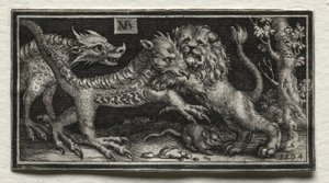 Løve kæmper mod to bæster af attributed to Tobias Stimmer