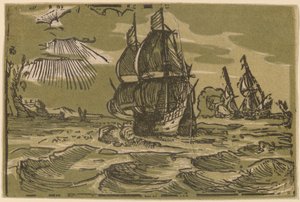 To tremesterskibe ud for en kystlinje af attributed to workshop of Willem Jansz. Blaeu