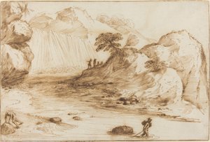 Landskab med et vandfald af called Guercino Giovanni Francesco Barbieri
