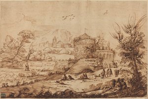 Landskab med fæstning og flod af called Guercino after Giovanni Francesco Barbieri