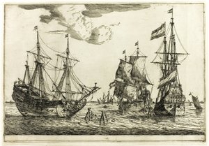 Tre fortøjede sejlskibe, fra tretten marinescener