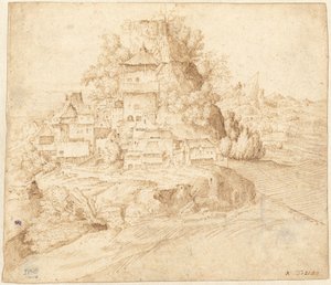 En landsby beliggende ved foden af en bakke (recto) af circle of Giorgione