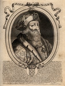Portræt af Clotaire (Clothaire) I (497 - 561), konge af Neustrien og konge af frankerne - Clothar I, konge af frankerne - gravering fra 